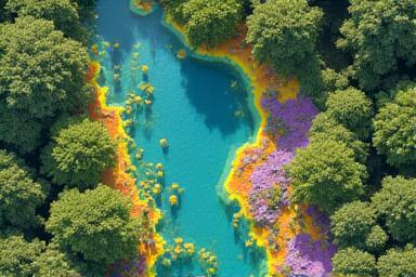 Carte détaillée d'un parc naturel avec des zones d'analyse environnementale colorées.