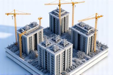 Modèle 3D d'un site de construction avec des bâtiments en cours d'élévation et des grues.